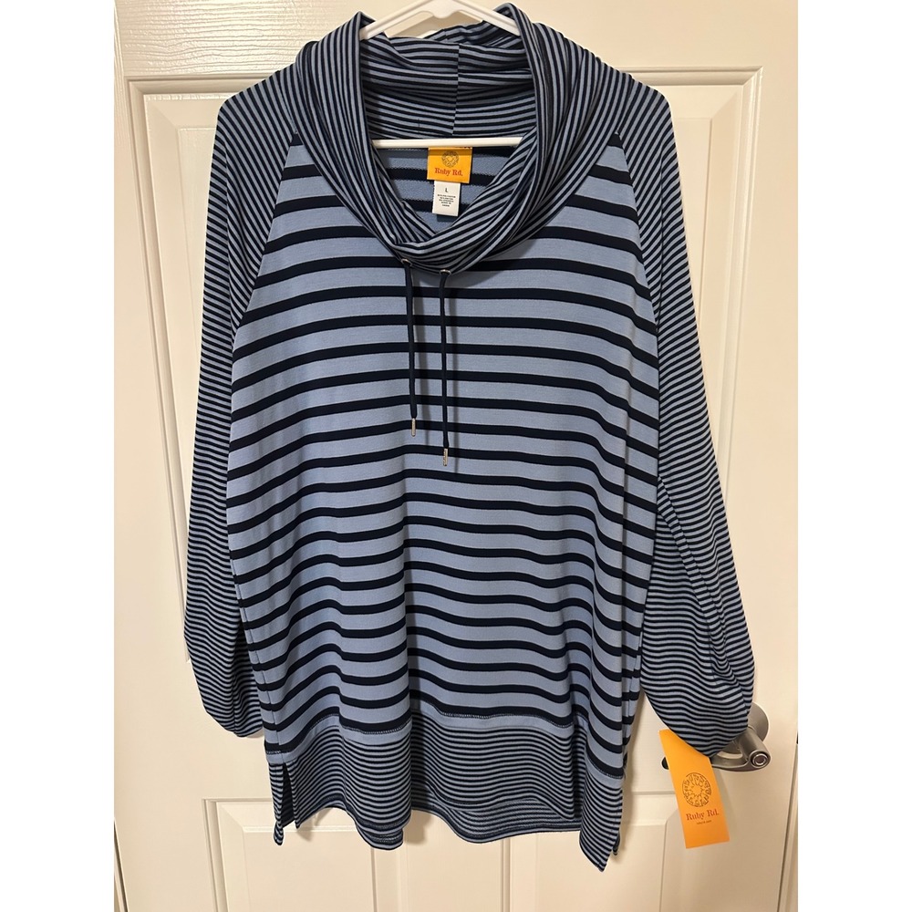 Ruby Rd Top Womens L Blue Must Haves I Striped Cowl Neck Roll Tab Sleeve 94192